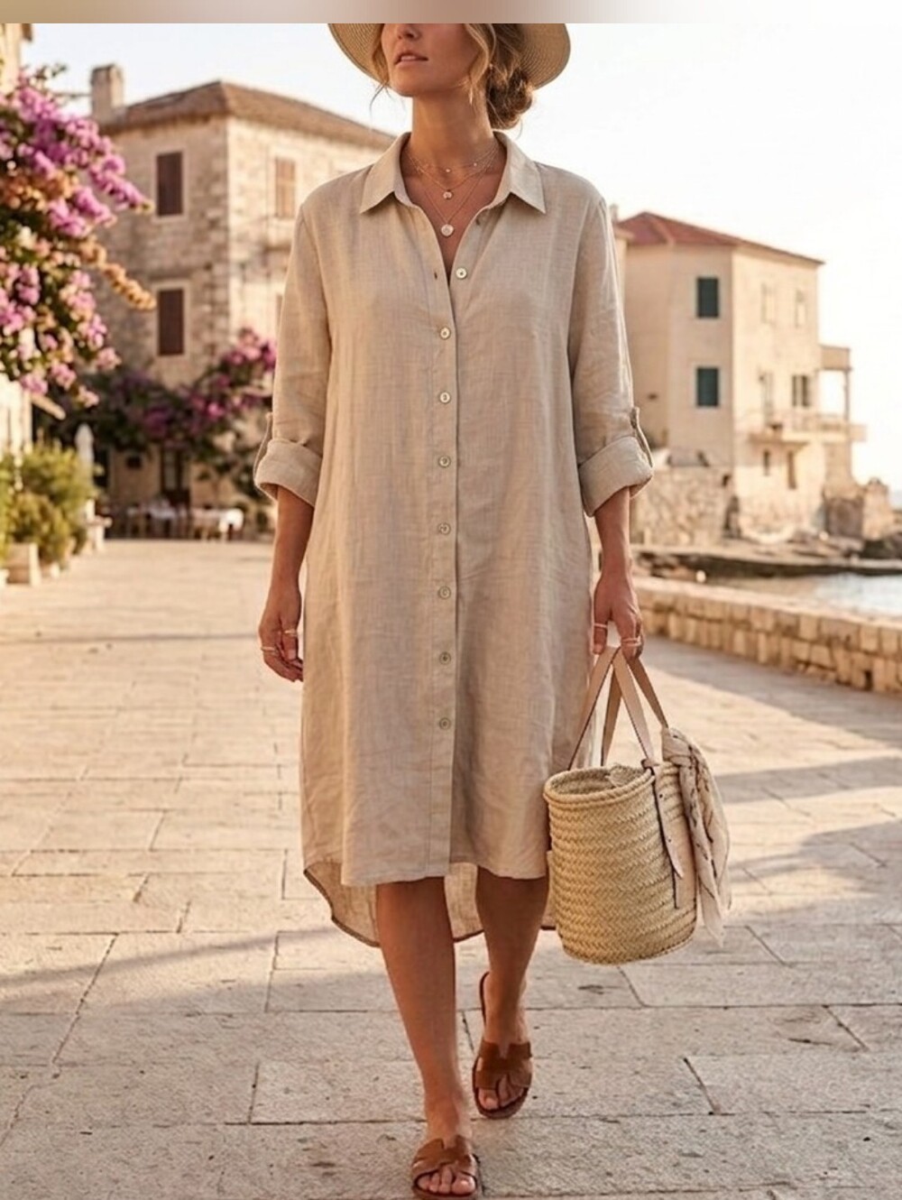 Pistache Linen Button Down Tunic Shirt Dress Tan SM
